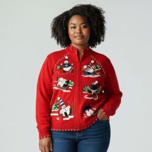 Vintage 2003 Tierra International Snowman Winter Zip Up Cardigan​​​​